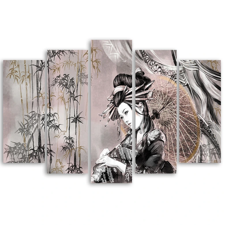 Lærred print 5 dele, geisha og bambus 
