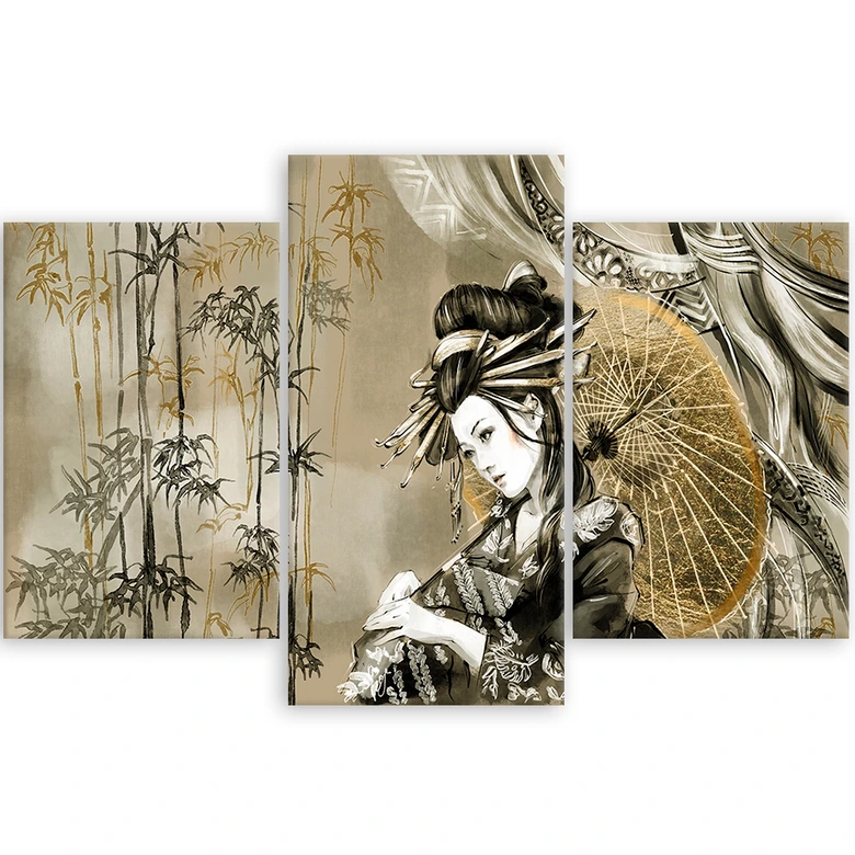Leinwandbild 3 teilig, Geisha und Bambus 
