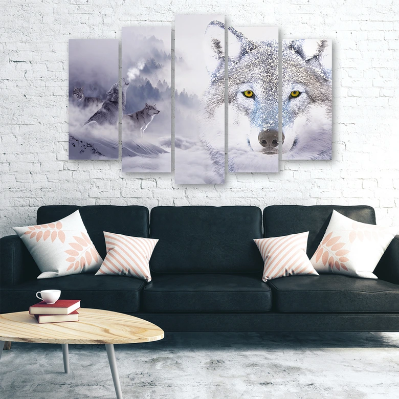 Wandbild 5-teilig, Wolf Wald Nebel Natur Grau 
