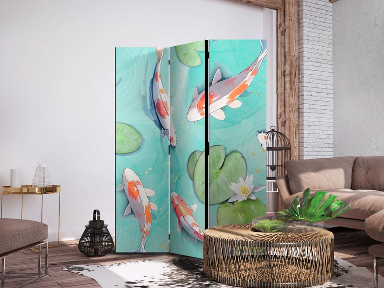 Paravent, Raumteiler freistehend, Trennwand - Spectacular Koi Fish in Crystal Water: Lilies 