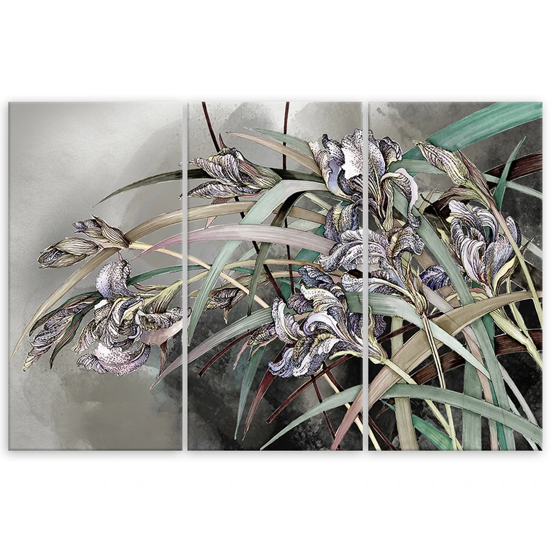 Leinwandbild 3 teilig, Iris Blumen im Wind 