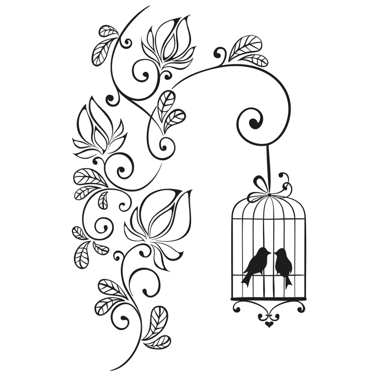 Wandtattoo Blumenranke mit Vogelkäfig (2-farbig) 