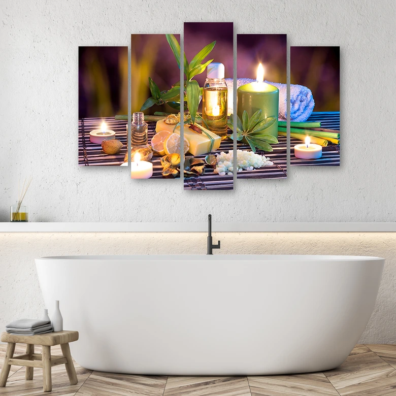 Leinwandbild 5 teilig, Zen Blumen Kerze Wellness 
