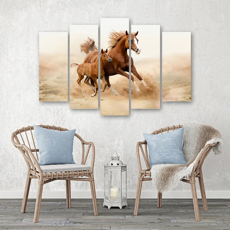 Leinwandbild 5 teilig, Bucht Pferd Galop Natur 