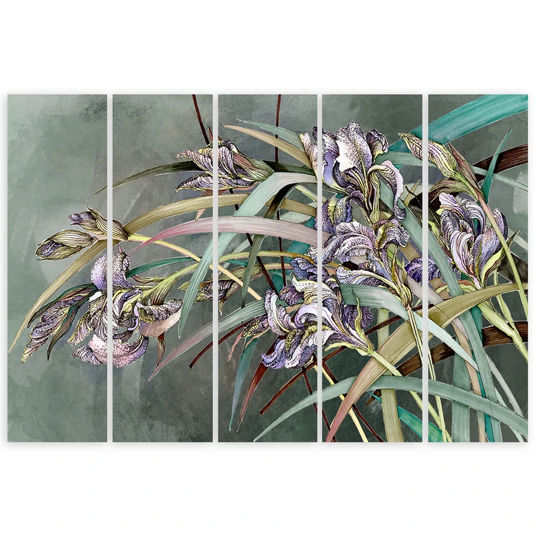 Leinwandbild 5 teilig, Iris Blumen im Wind 