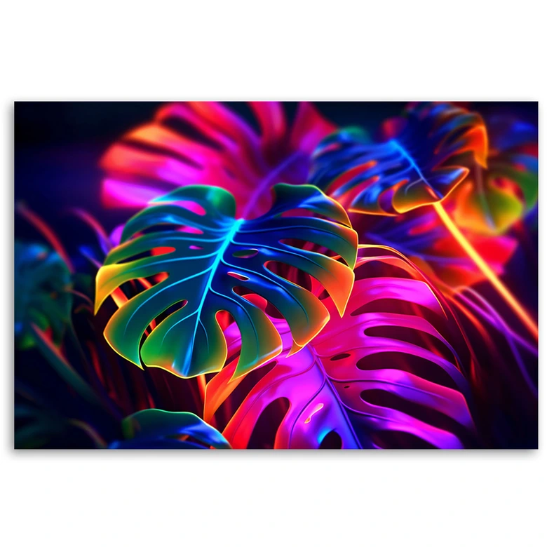 Leinwandbild, Monstera-Blätter in fluoreszierenden Farben 