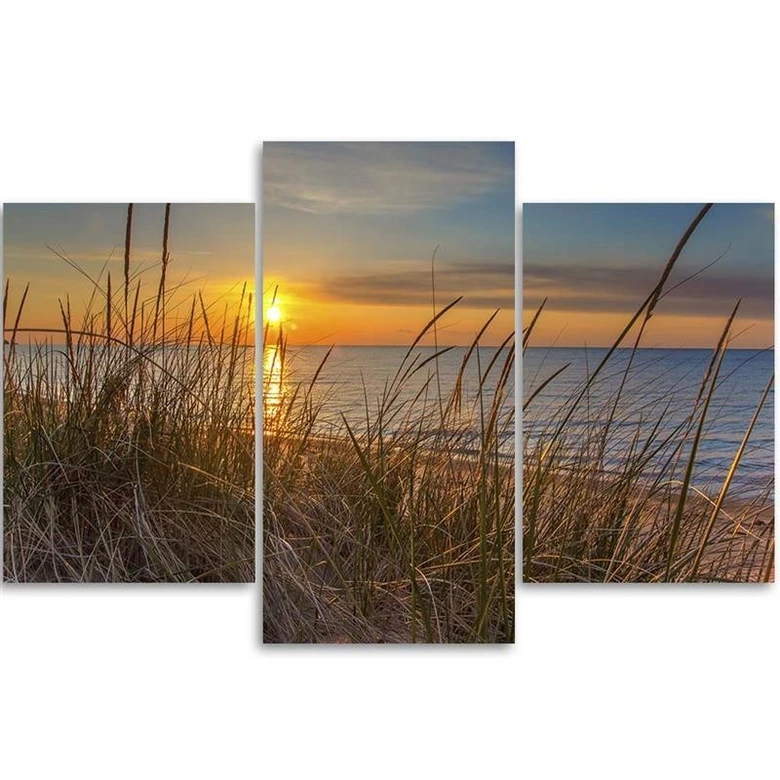 Leinwandbild 3-teilig, Meer Strand Gras Sonnenuntergang 