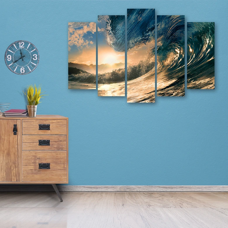 Leinwandbild 5 teilig, Wellen Meer Sonne 