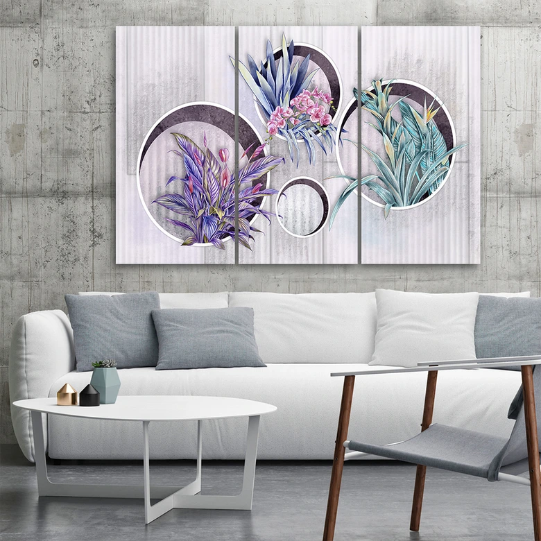 Leinwandbild 3 teilig, Quadratkisten Regale mit Blumen 