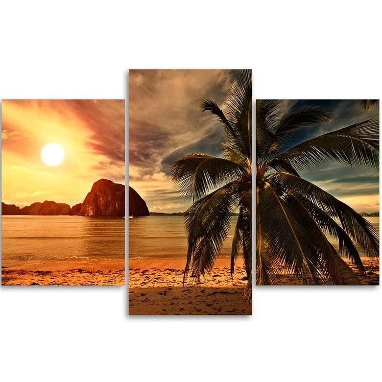 Leinwandbild 3-teilig, Sonnenuntergang Meer Palmen 
