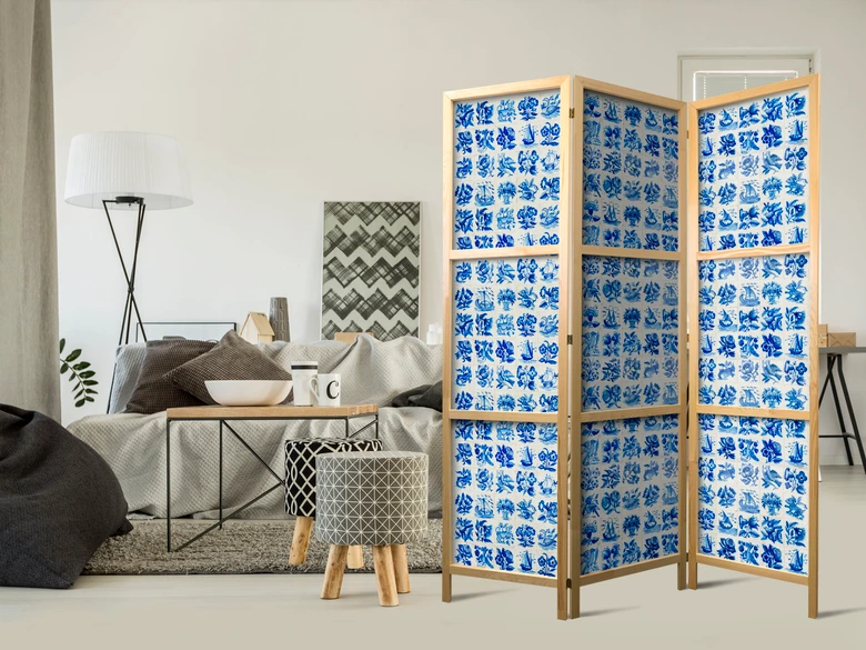 Japanischer Paravent, Raumteiler freistehend, Trennwand - Ceramic Tiles: Traditional Portuguese Blue 