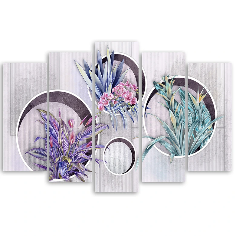 Leinwandbild 5 teilig, Quadratkisten Regale mit Blumen 