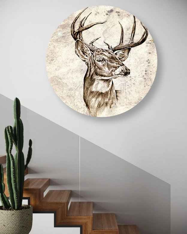 Rundes Leinwandbild Hirschkopf vintage beige 