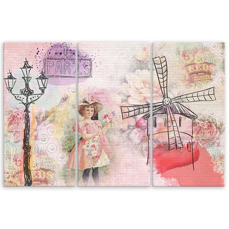 Leinwandbild 3-teilig, Paris Mädchen rosa 