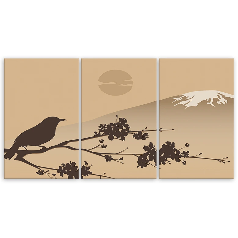 Leinwandbild 3-teilig, Japan Fuji Vogel Beige 
