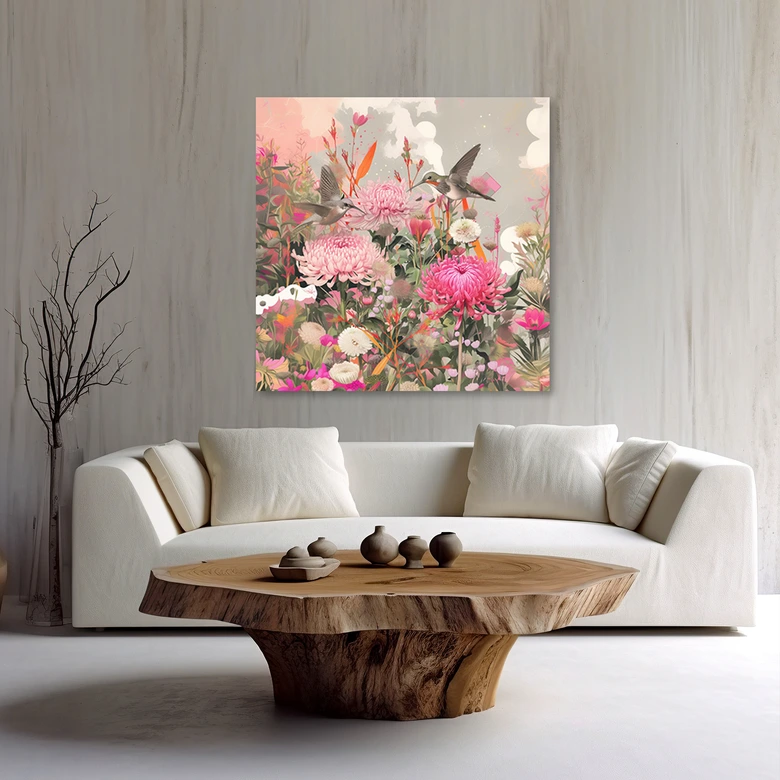 Leinwandbild Kolibris mit Blumen auf dem Feld 