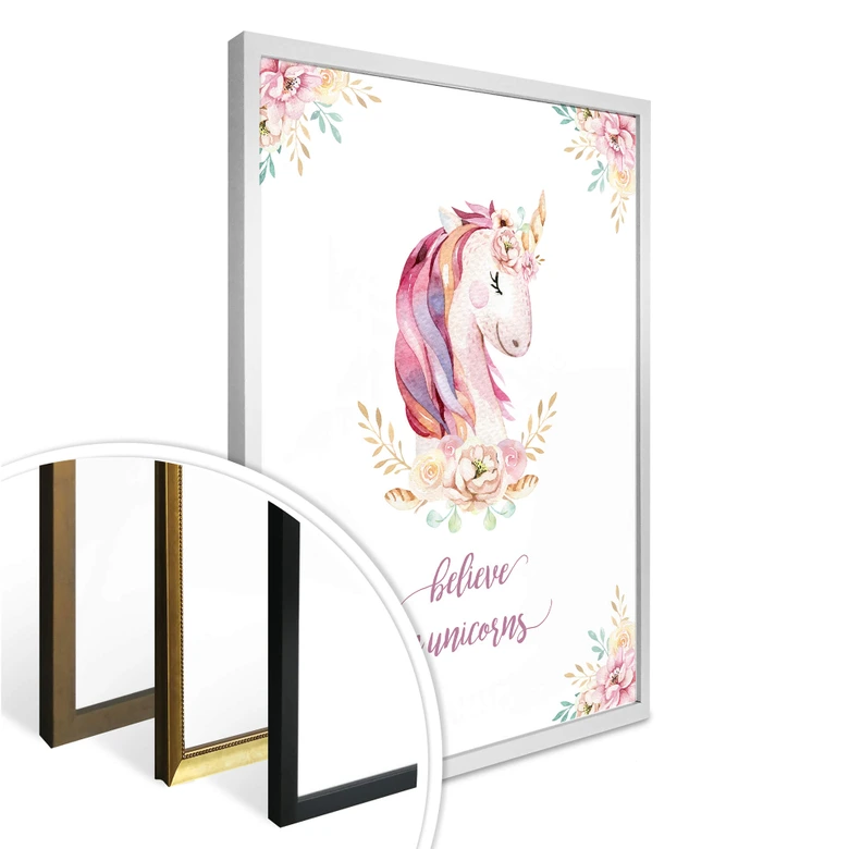 Poster Kvilis - Believe in Unicorns - Einhorn mit Blumen 