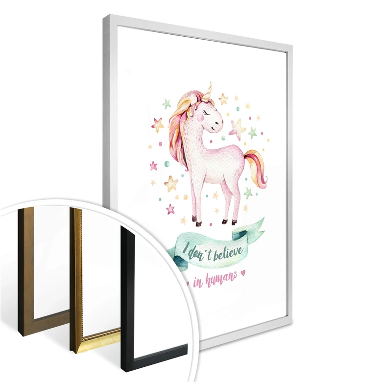 Poster Kvilis - Don't believe in humans - Einhorn inmitten der Sterne 