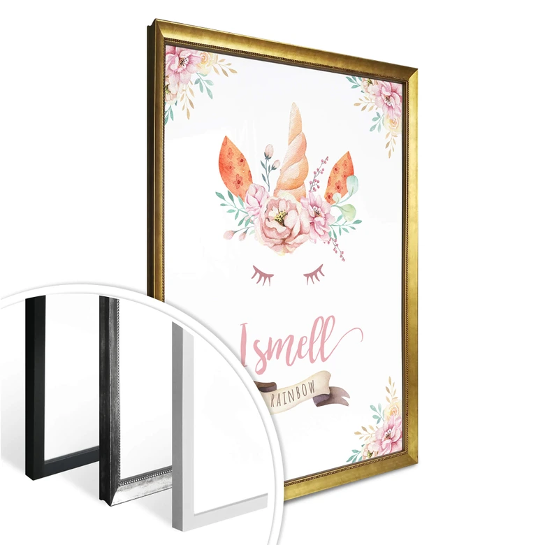 Poster Kvilis - I smell Rainbow - Einhorn mit Blumen und Wimpern 