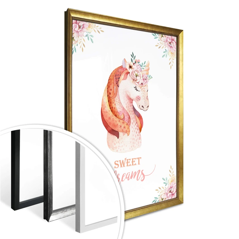 Poster Kvilis - Sweet Dreams - Einhorn mit Blumenkranz 
