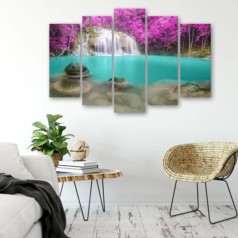Leinwandbild 5 teilig, Wasserfall-See-Landschaft 