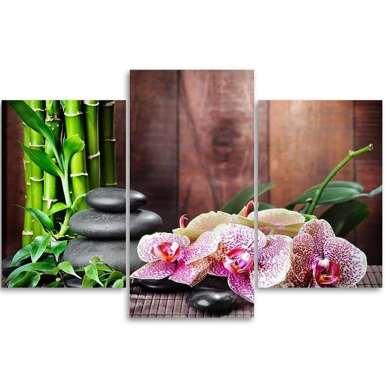 Leinwandbild 3-teilig, Orchideen Bambus Steine Zen 