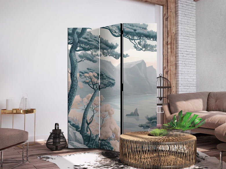Paravent, Raumteiler freistehend, Trennwand - Mountainous Coast: Pastel Blues 