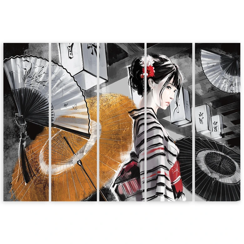 Leinwandbild 5 teilig, Geisha mit einem Fan 