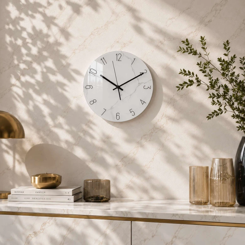Elegante glazen wandklok in wit marmerlook met zwarte cijfers Ø30 cm 