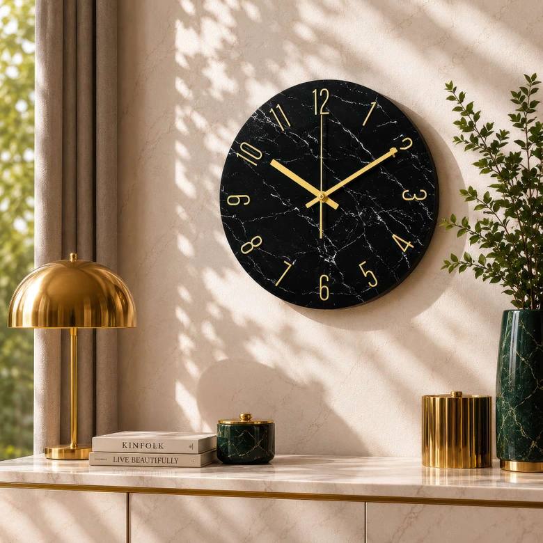 Moderne wandklok van glas in zwart marmerlook Ø30 cm 