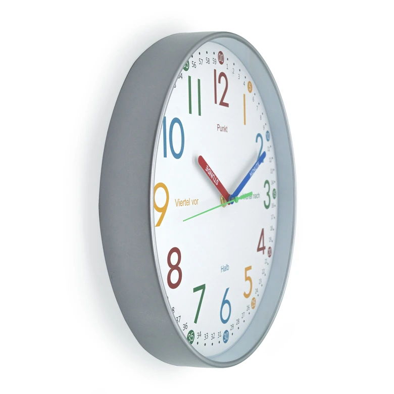Analoge Lernuhr Kinderzimmer Wanduhr leise Kinderuhr für Grundschulkinder Metall-Optik Ø30 cm 