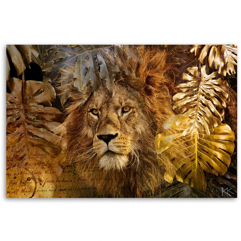 Canvas schilderij, Leeuw en Monstera gouden bladeren 
