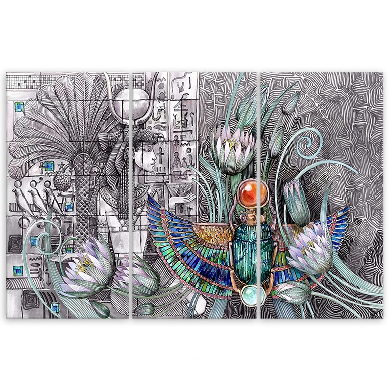 Leinwandbild 3 teilig, Ägyptische Hieroglyphen und Skarabäen 