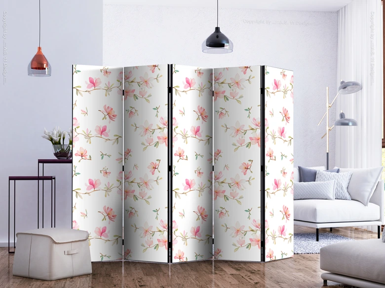 Paravent, Raumteiler freistehend, Trennwand - Fresh Magnolias II, 5-teilig - einseitig bedruckt - 225x172 cm 