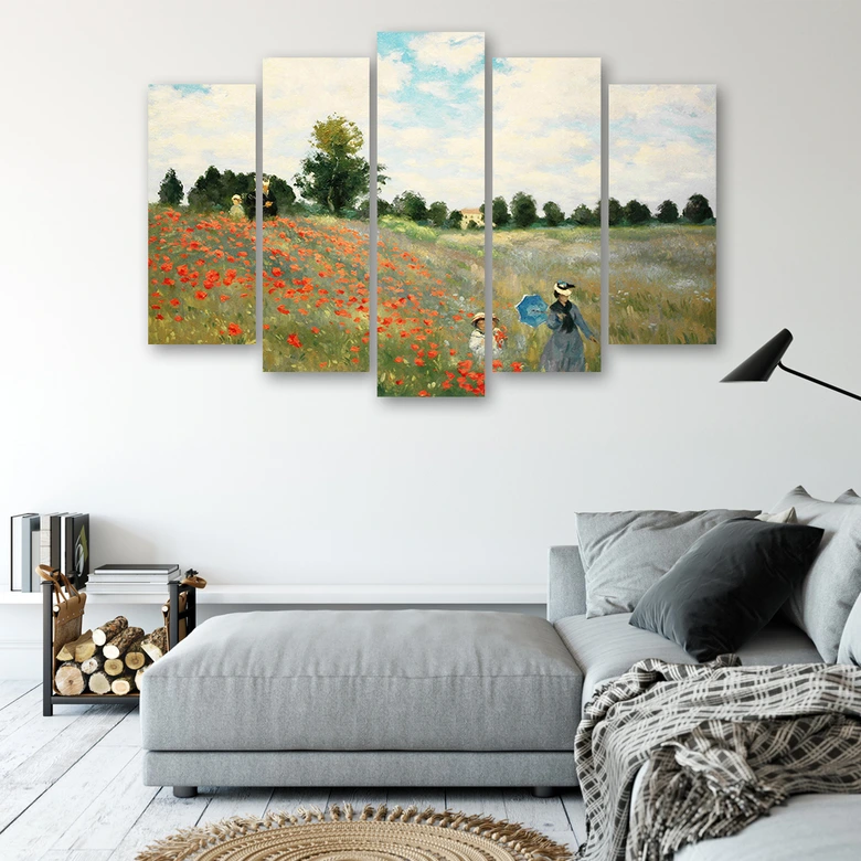 Wandbild 5-teilig, Mohnblumenfeld Claude Monet 