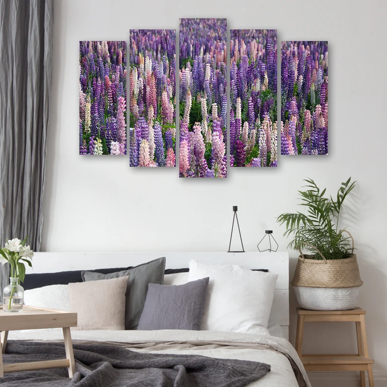Leinwandbild 5 teilig, Lila Blumen Wiese Pflanzen 
