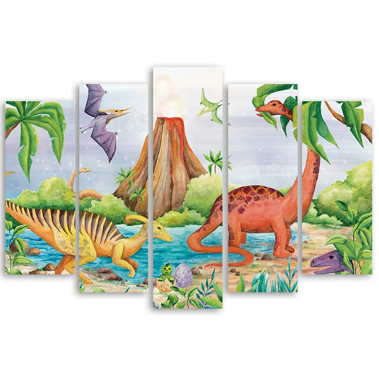 Leinwandbild 5 teilig, Dinosaurier am See 