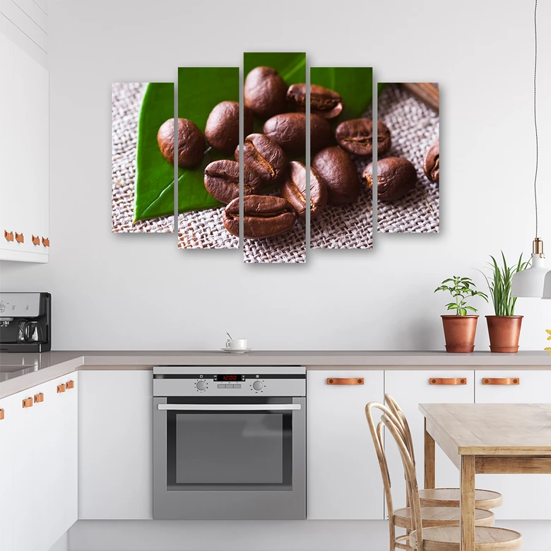 Wandbild 5-teilig, Kaffeebohnen-Blatt 