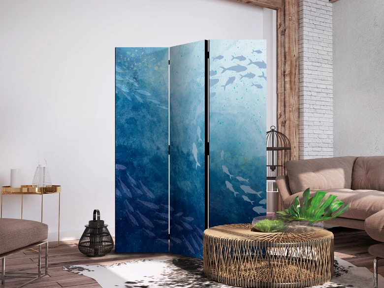 Paravent, Raumteiler freistehend, Trennwand - Luminous Clusters of Fish in Blue Hues Amidst the Sea Depths 