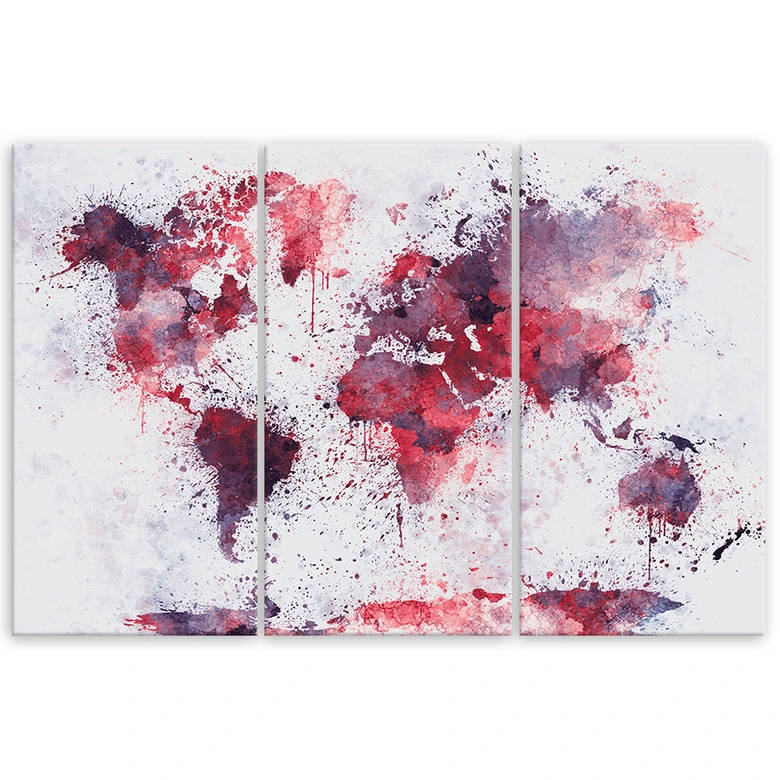 Leinwandbild 3-teilig, Weltkarte Rot 