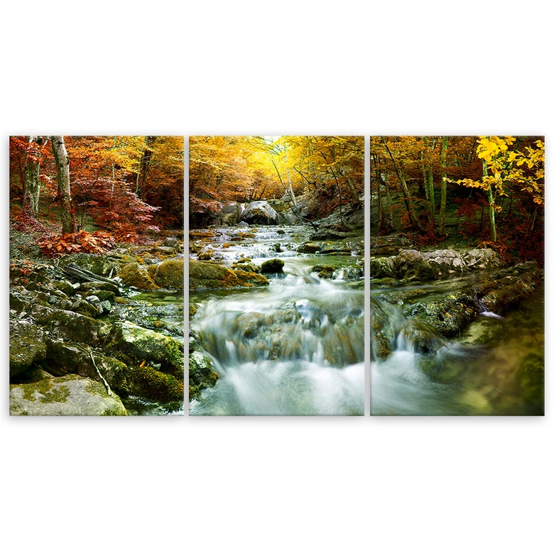 Leinwandbild 3-teilig, Herbst Wald Wasserfall Felsen 