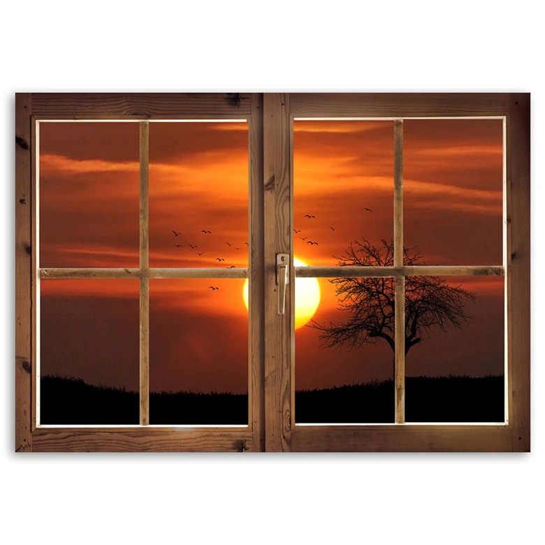 Leinwandbild, Fensterblick Sonnenuntergang 