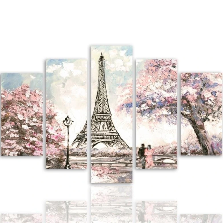 Leinwandbild 5 teilig, Pariser Eiffelturm Pastellfarben 