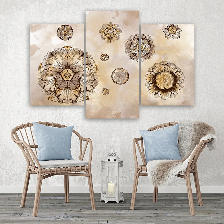 Leinwandbild 3 teilig, Florale geometrische Formen 