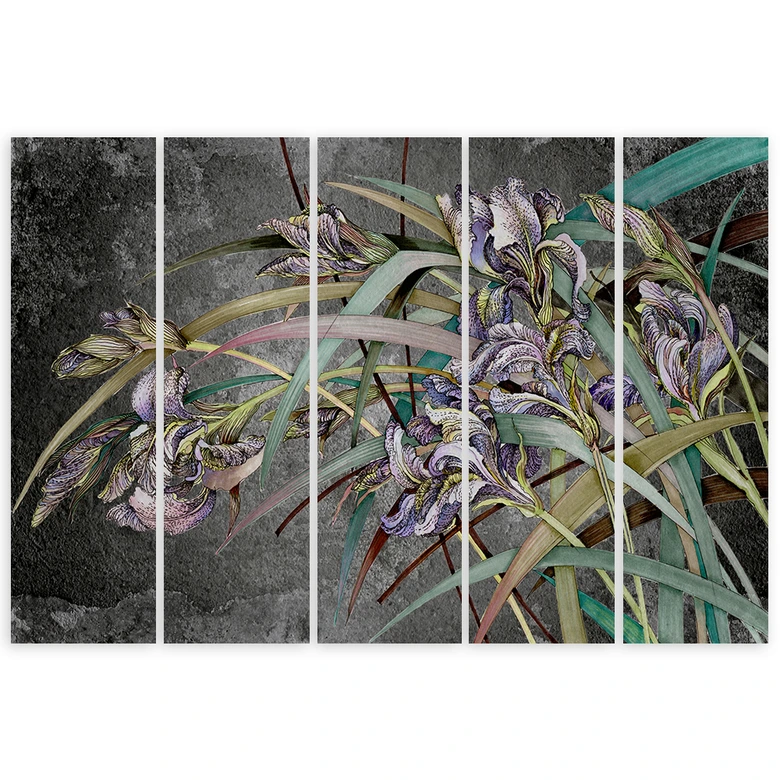 Leinwandbild 5 teilig, Iris Blumen im Wind 
