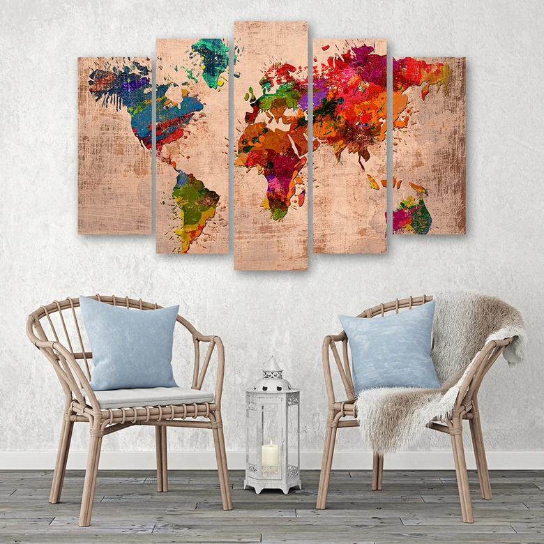 Leinwandbild 5 teilig, Bunte Weltkarte 