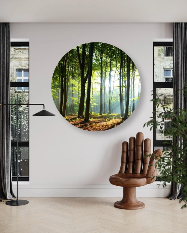 Rundes Leinwandbild Wald bei Sonnenaufgang 