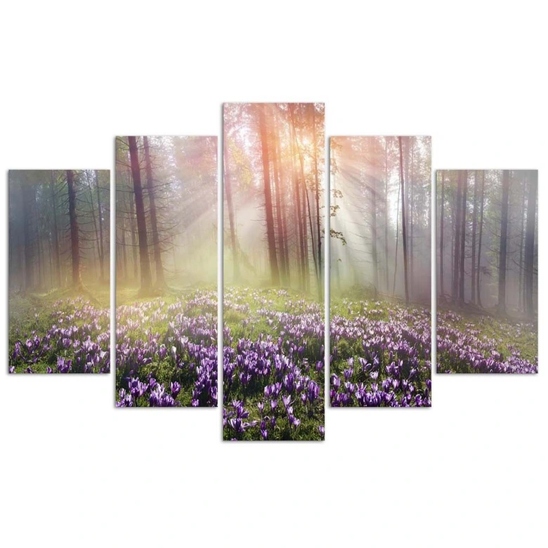 Leinwandbild 5 teilig, Neblige Waldblumen 