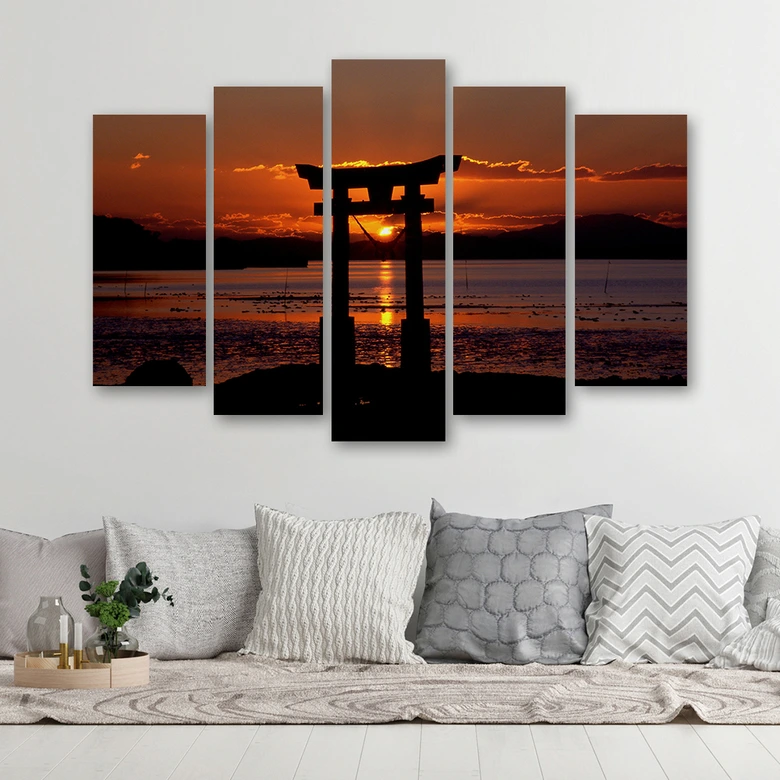 Leinwandbild 5 teilig, Torii-Tor bei Sonnenuntergang 