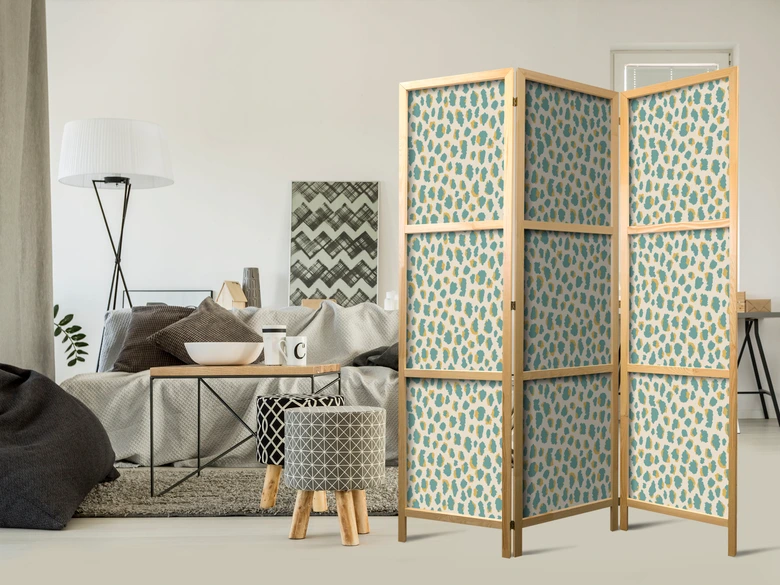Japanischer Paravent, Raumteiler freistehend, Trennwand - Giraffe Pattern in Turquoise Spots 
